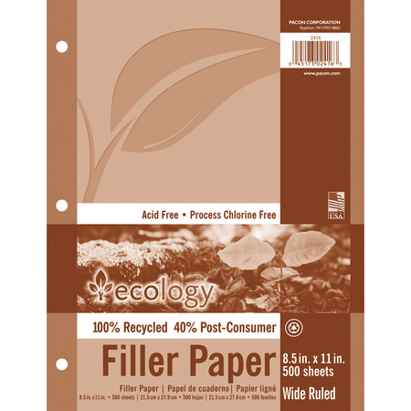 Ecology Recycled Filler Paper, 3/8" Ruled, Letter, 500 Sheets, PK2 P2416